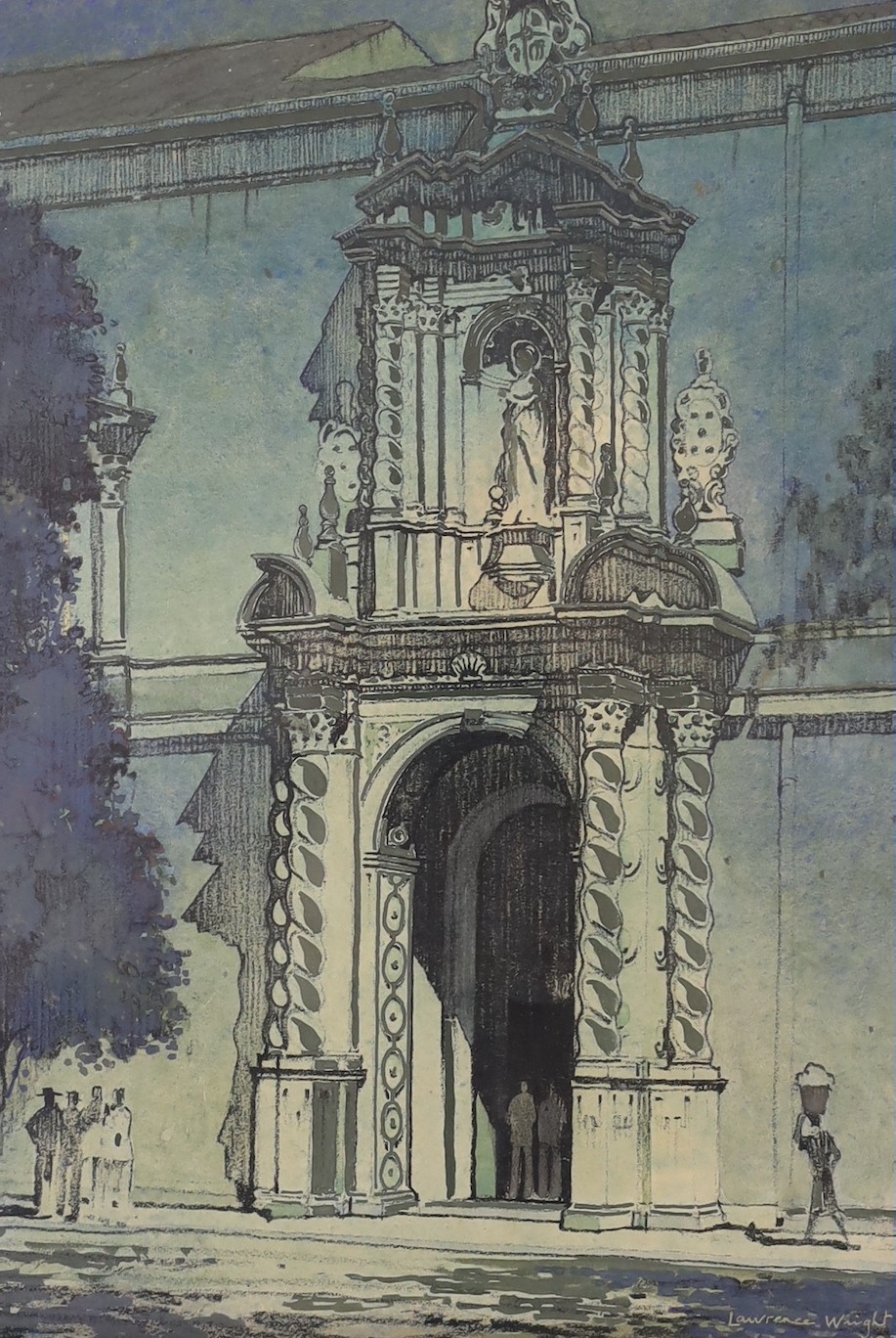 Lawrence Wright (1906-1983), charcoal and watercolour, Spanish church archway, signed and dated 1932, 32 x 22cm, and four books relating to the artist